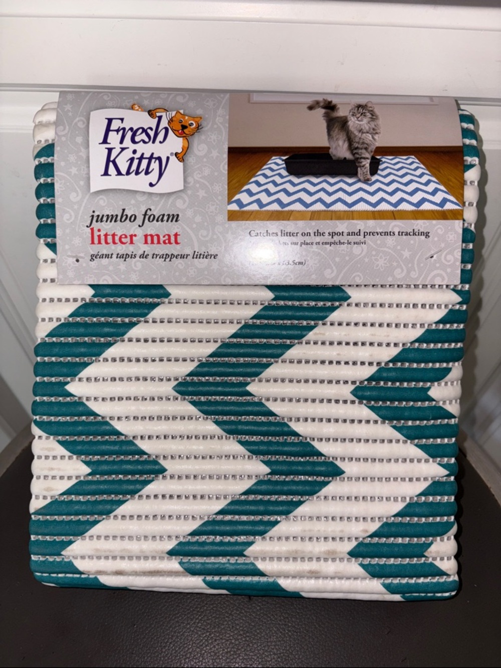 NEW Fresh Kitty Jumbo Foam Litter Mat - Teal & White Chevron, 40” x 25”